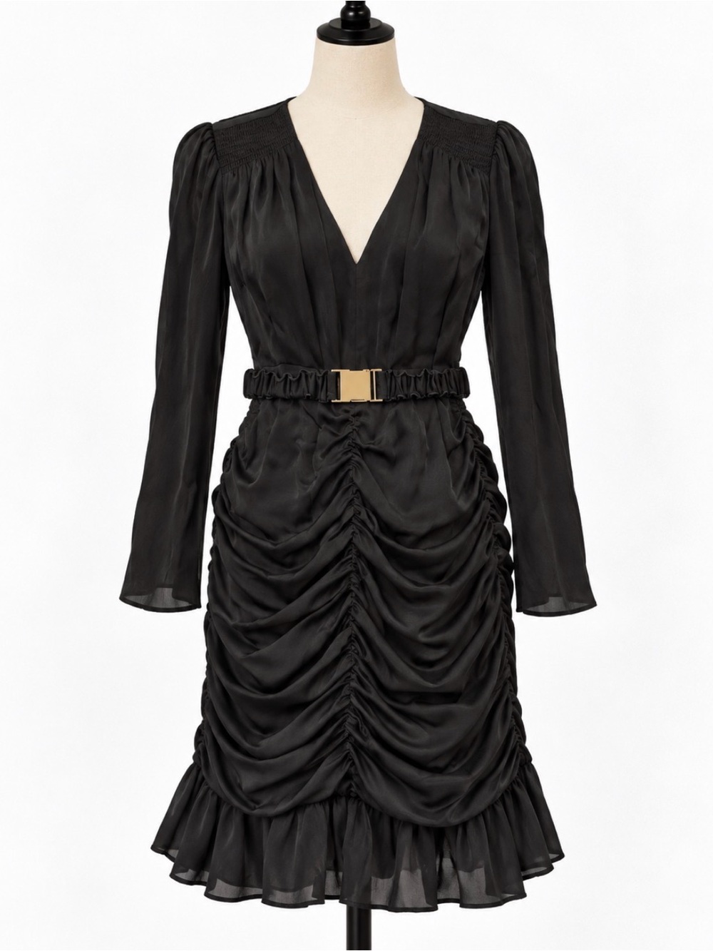 Karina Grimaldi Black Ruched Mini Dress M Gold Buckle Belt Long Sleeve Ruffle